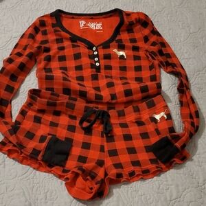 PINK Victoria's Secret Red and Black Buffalo Plaid Henley Pajama Set Size MEDIUM